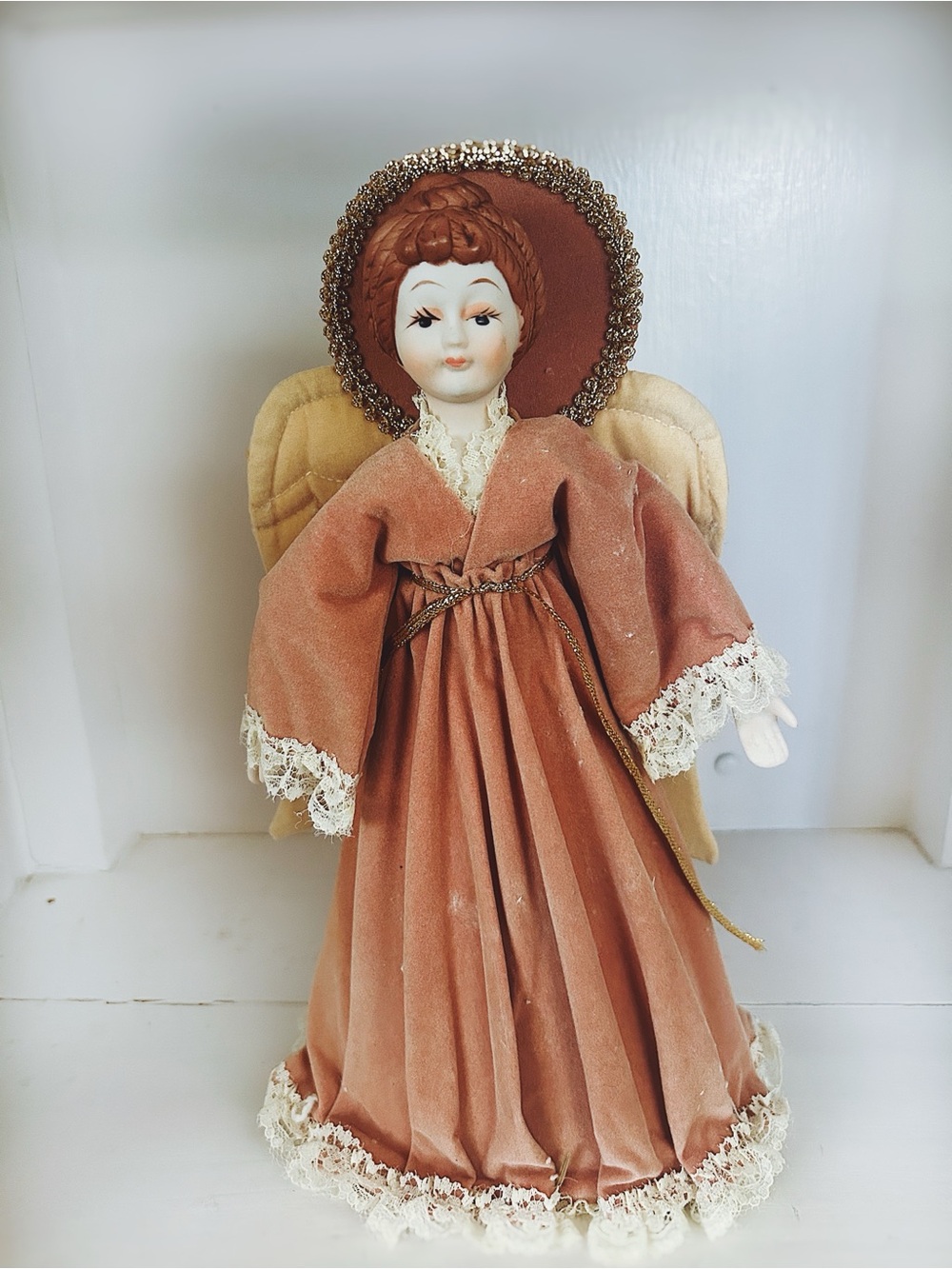 Vintage Sears Tree Top Angel Porcelain & Velvet Pink Mauve Gown